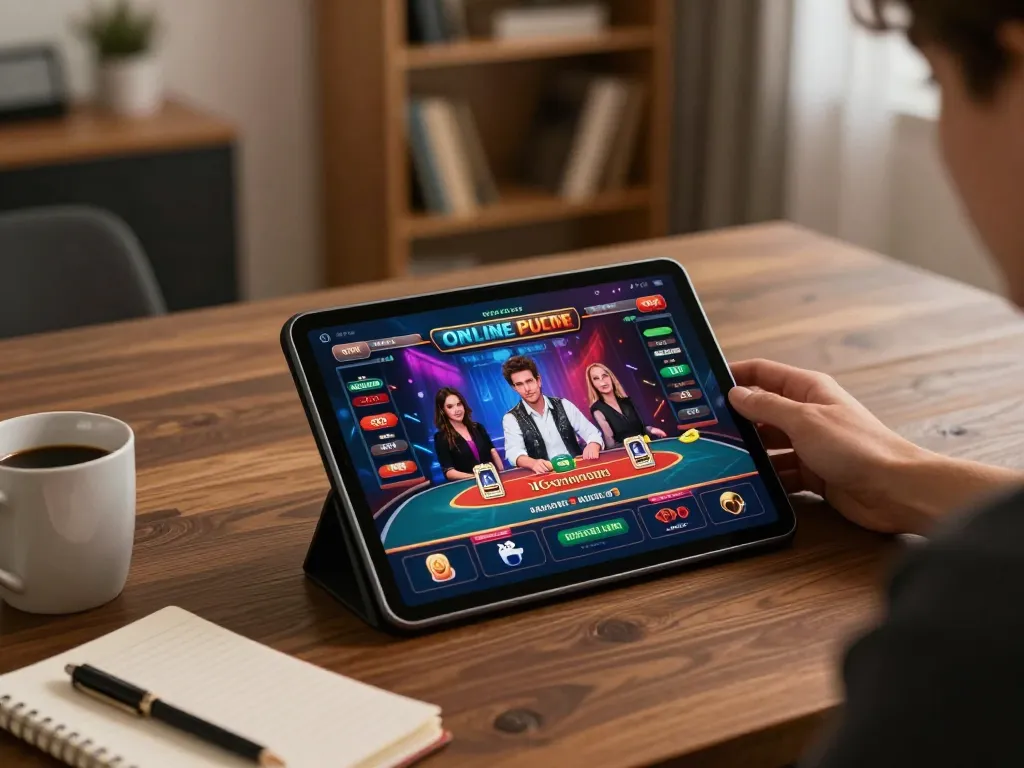 Person actively betting on situs togel through tablet with live dealer interface in cozy home setup.