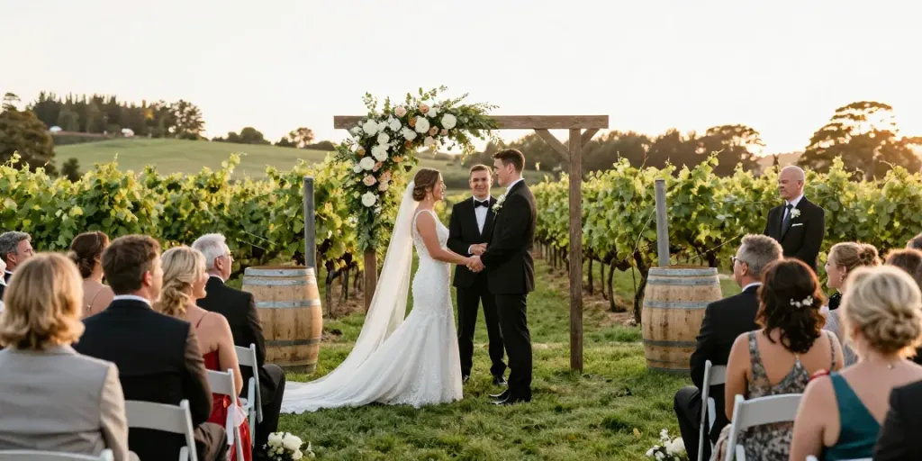 Dunedin wedding photographer capturing a bride and groom exchanging vows in a beautiful vineyard setting.