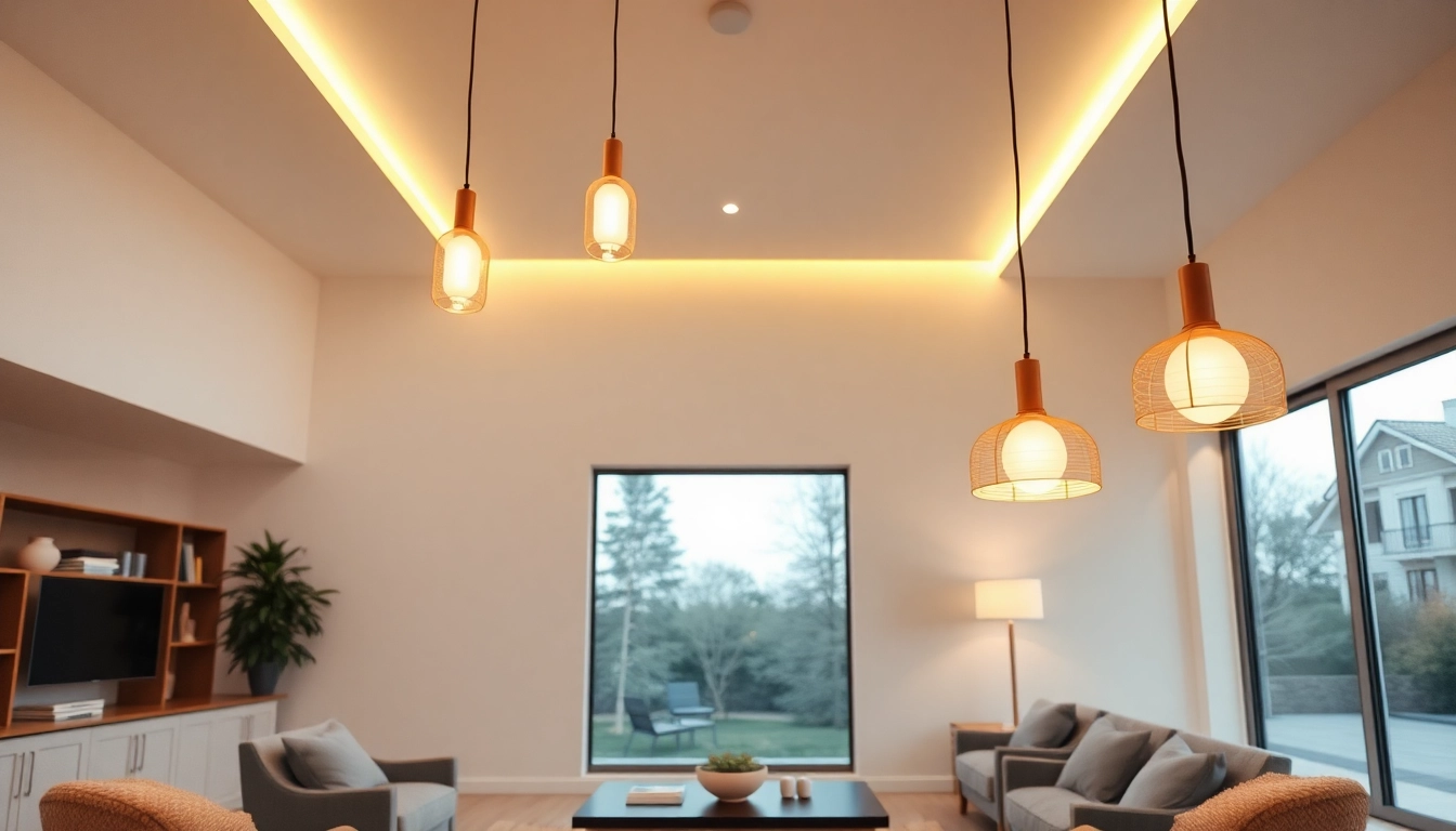 Sleek illumination radiating from elegant pendant lights in a modern living space.