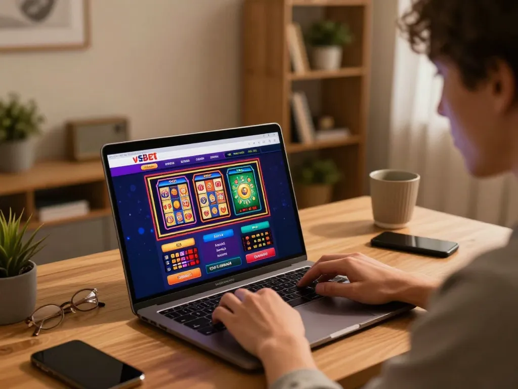 Engaging gambling moment with user playing on VSBet online platform in cozy home office.