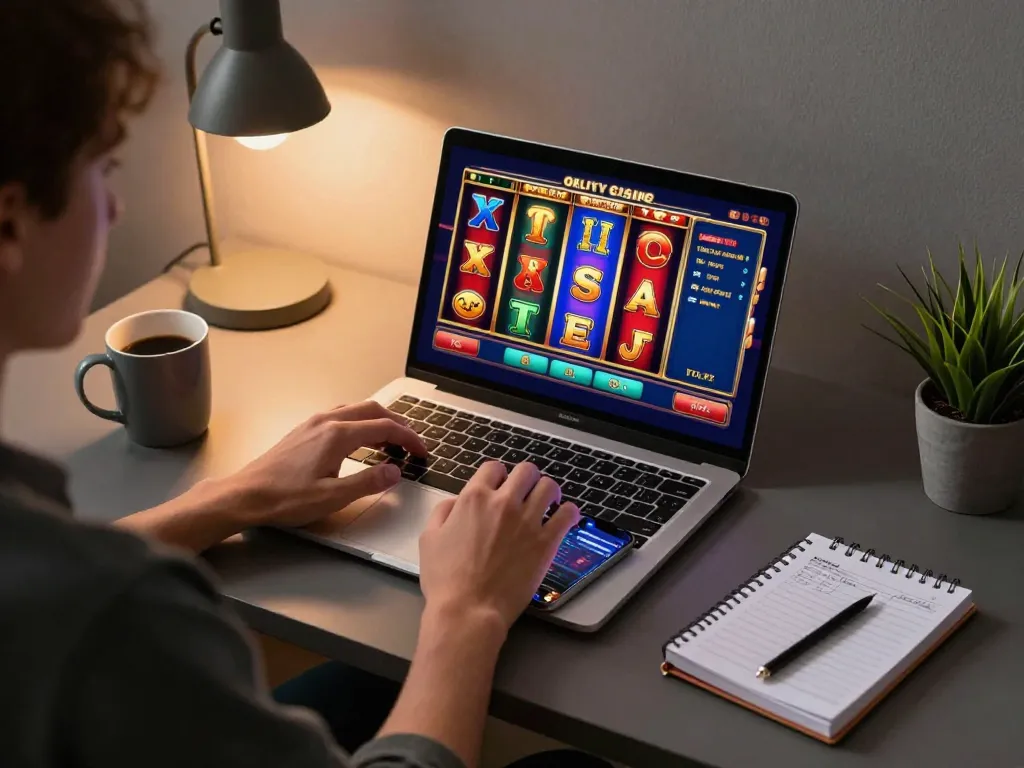 Engaging in slot depo 2k gameplay on a stylish laptop with vibrant reels and casino app features.