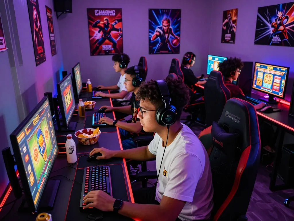 Players enjoying situs slot gacor in a vibrant gaming environment with colorful lighting and high-tech gear.