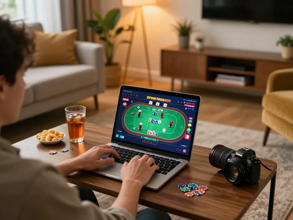 IDNSCORE poker player engages online at cozy home setup, enhancing strategy and enjoyment.