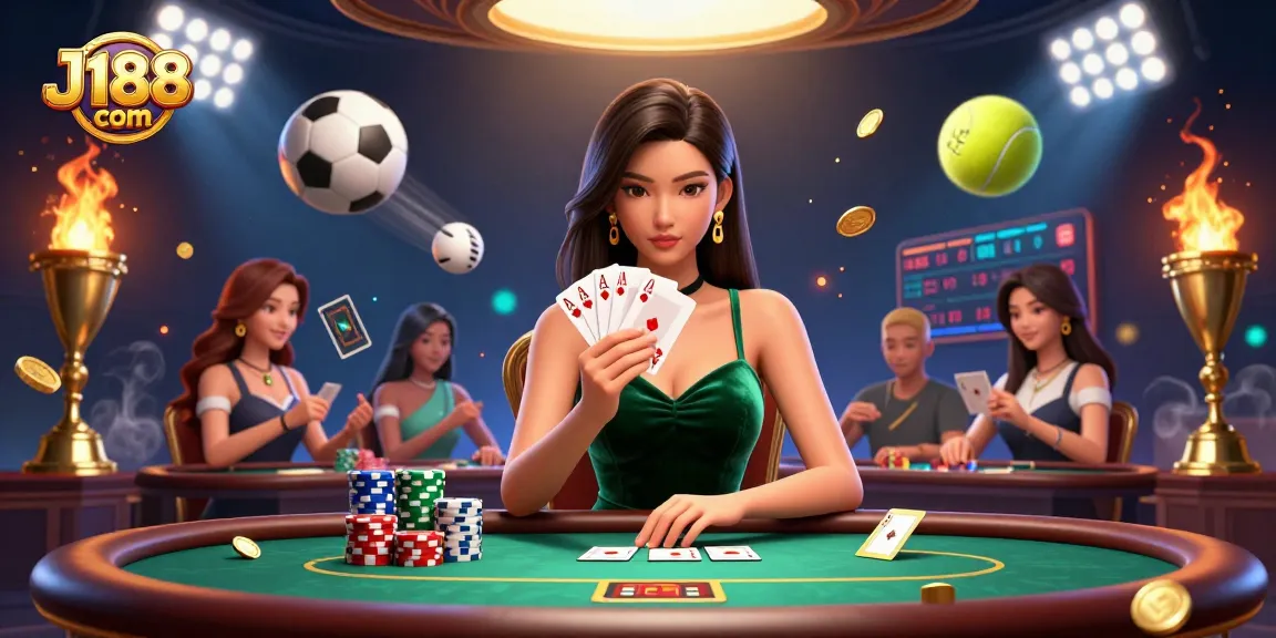 Experience the excitement of betting at J188 com, featuring a skilled poker player at a luxury casino table.