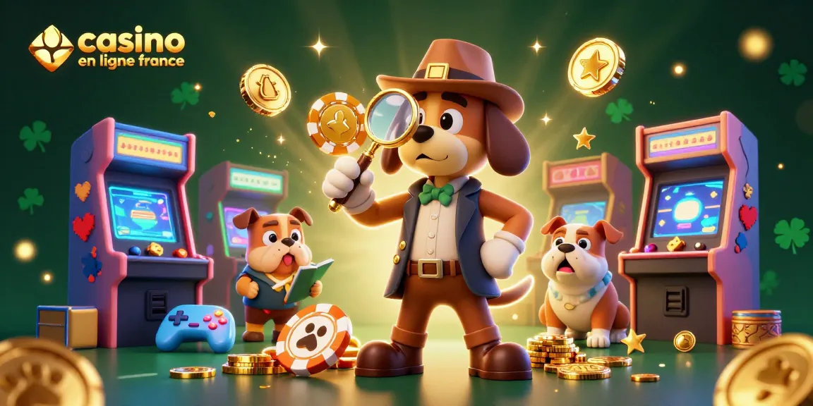 Illustration colorée de casino en ligne France, représentant un détective canin et un bulldog, explorant des indices.