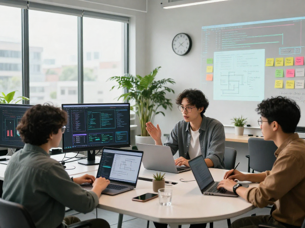 Team of engineers collaborating on AI projects, crush on ai displayed on screens, showcasing a dynamic tech workspace.