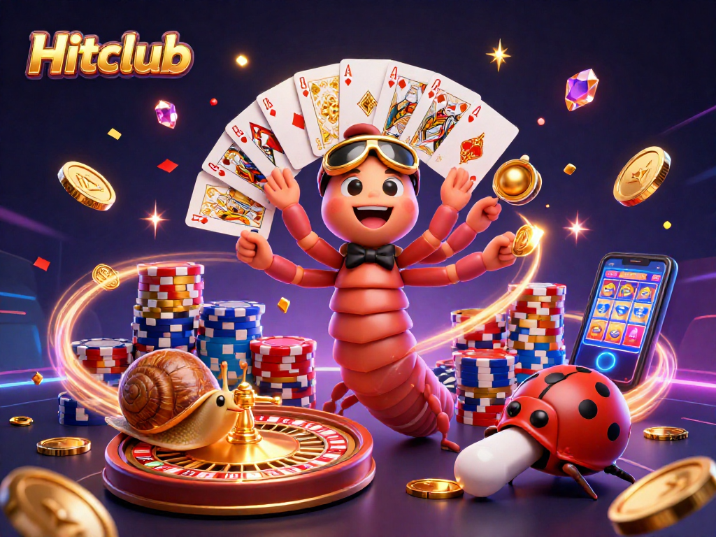 Hitclub's lively 3D illustration showcases an animated millipede dealer and dynamic casino elements.