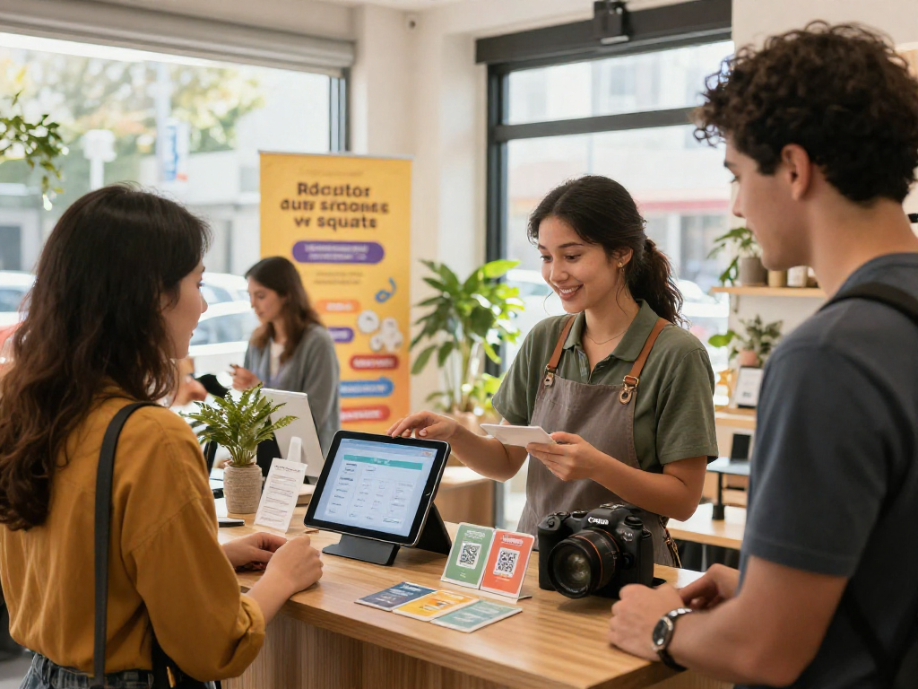 Shop owner demonstrating loyalty software to customers in a vibrant retail setting, enhancing customer engagement.