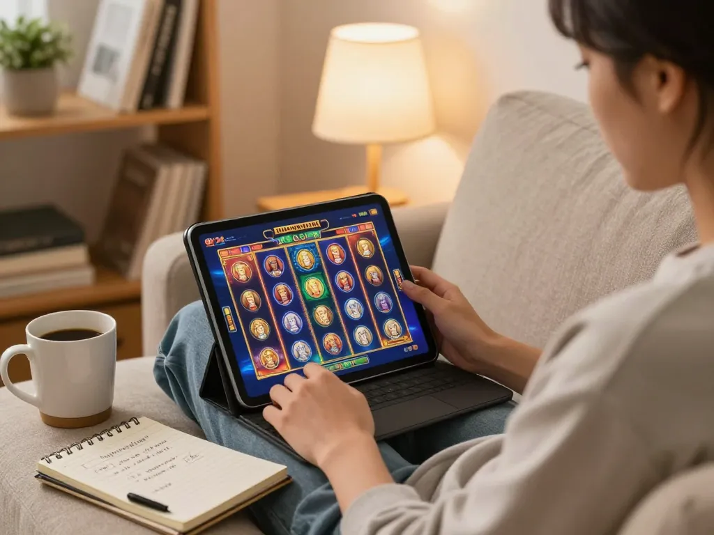 Engaged player enjoying slot online game on a tablet in a cozy home setup.