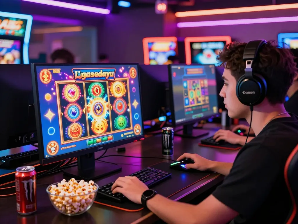 Engaged player enjoying an online game called ligasedayu in a lively casino setup.
