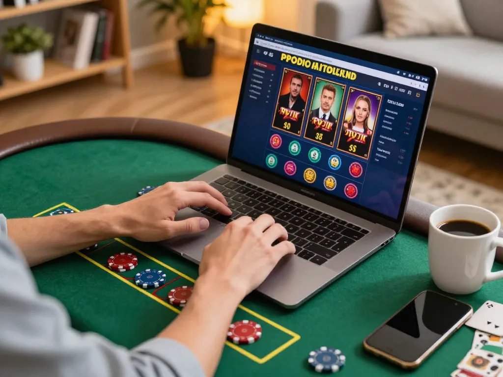 Engaging in online gambling strategies at uk88 com with a laptop and warm atmosphere.