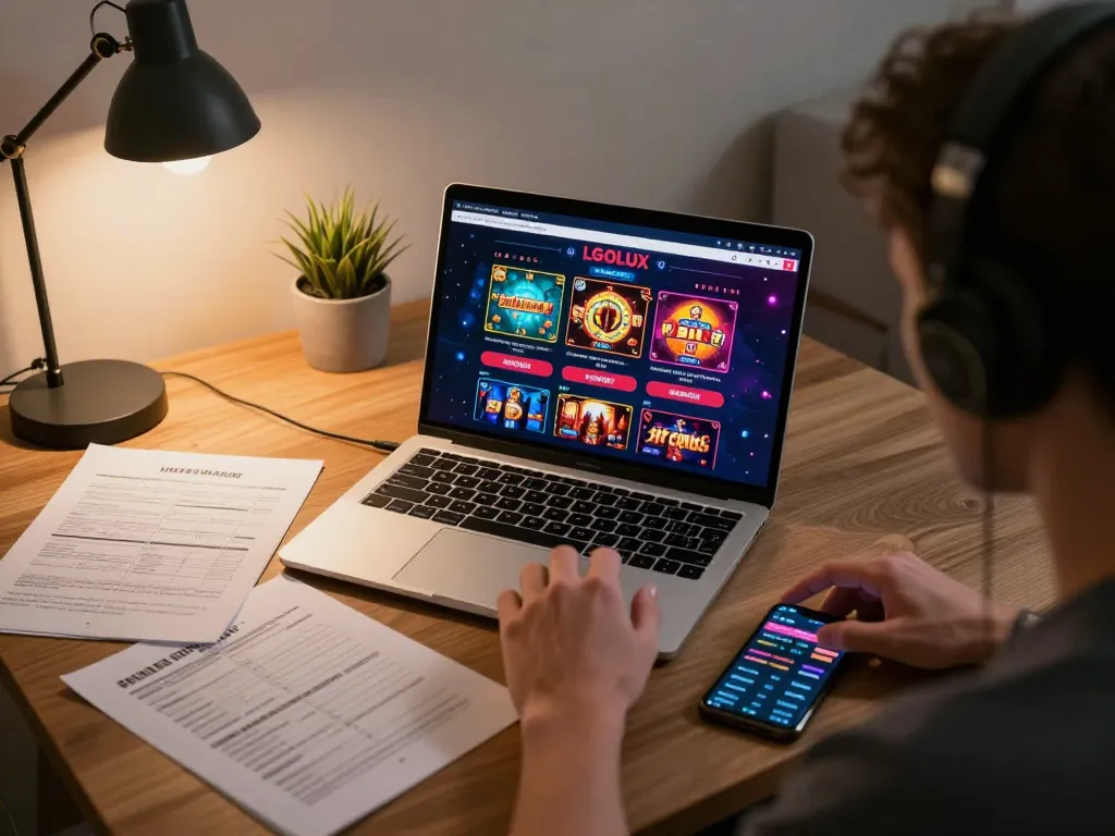 Player engaging with LGOLUX online casino game on laptop, surrounded by strategy notes and smartphone, showcasing responsible gambling.
