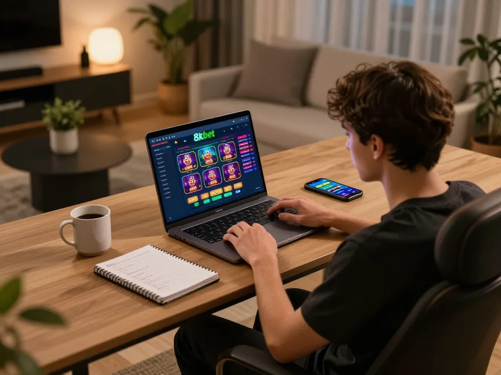 Player engaging in online casino gaming at 8xbet, showcasing laptop with betting interface and strategy notes
