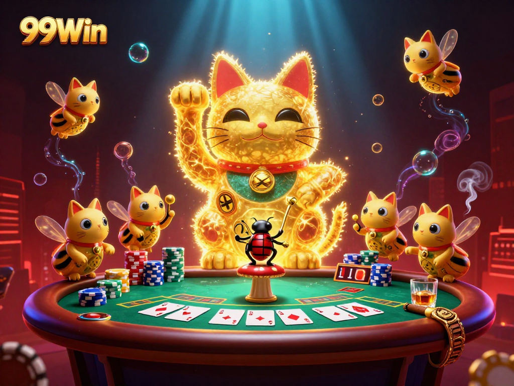 Experience the vibrant world of 99Win as golden fireflies form a lucky cat amidst dazzling casino elements.