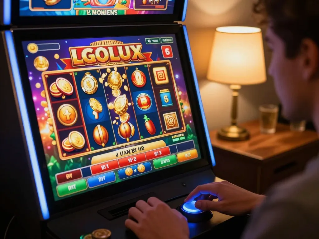 Player celebrating a big win on LGOLUX slots, showcasing excitement in a cozy online casino environment