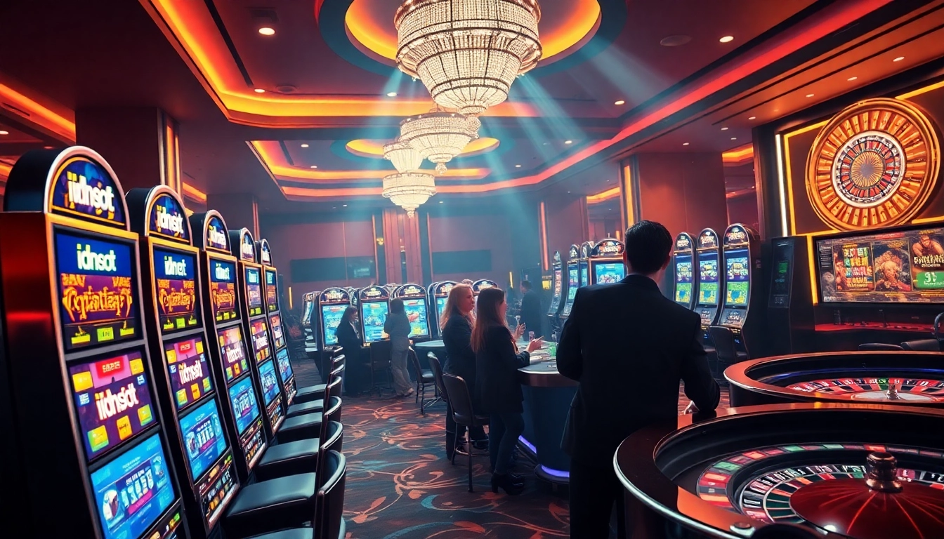 Experience the excitement of idnslot with vibrant slot machines and enthusiastic players in a luxurious casino setting.