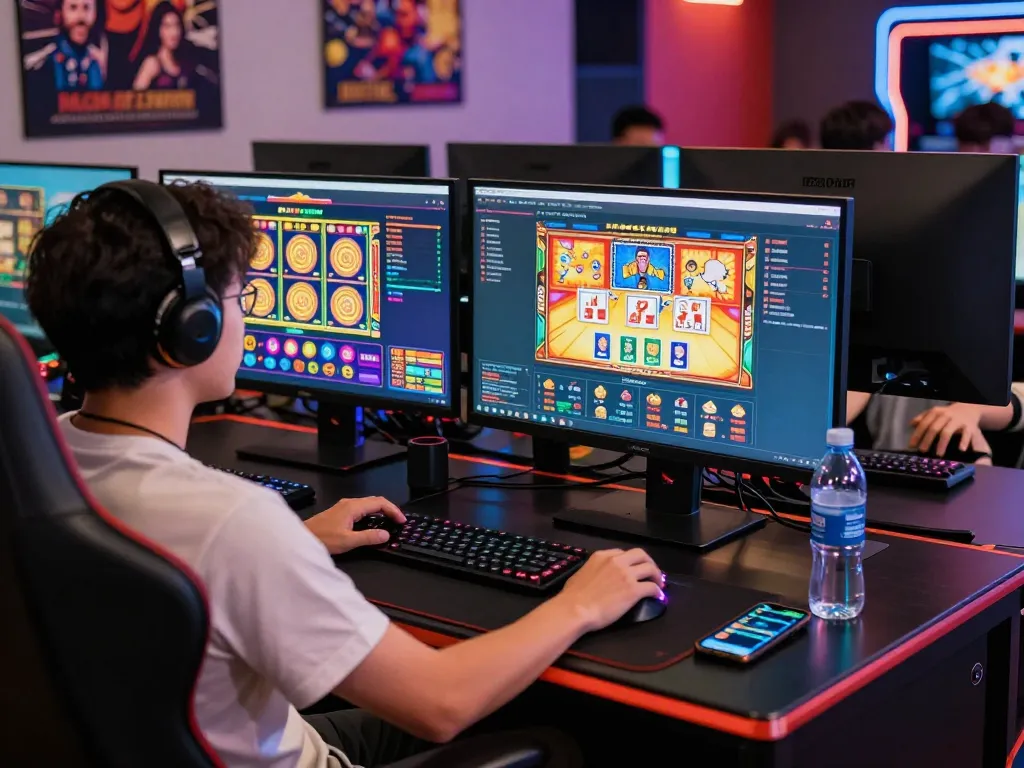 Engaging online gaming scene at https://bomwin.jp.net/ with dual monitors showing colorful casino graphics and virtual interactions.