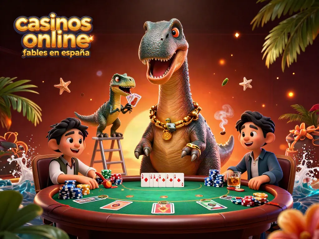 Disfruta en los casinos online fiables en España con una ilustración divertida de dinosaurios en un casino.