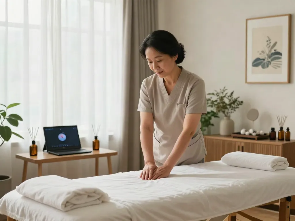 Relaxing massage therapy setup for 금천구출장안마 service with soothing atmosphere