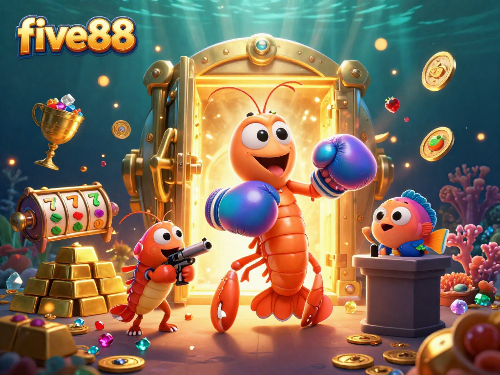 Join the five88 adventure with a dynamic scene featuring animated shrimp champions and casino treasures.