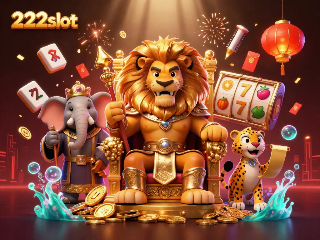 222slot menawarkan suasana bermain yang menarik dengan singa, gajah, dan cheetah dalam ilustrasi kasino.
