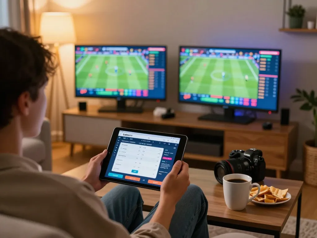 CakhiaTV user engaged in sports betting on tablet, showing live match updates and odds