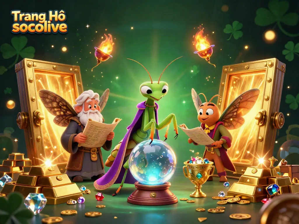 Engage with the vibrant scene of Trang Chủ socolive, featuring a mystical praying mantis fortune teller and wise moth librarian amid a treasure-rich backdrop.