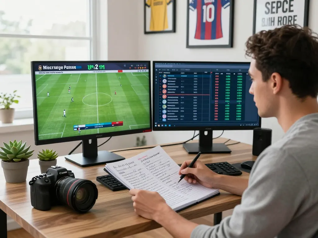 Soccer tipsters analysis in a modern office with live match statistics and betting odds displayed.