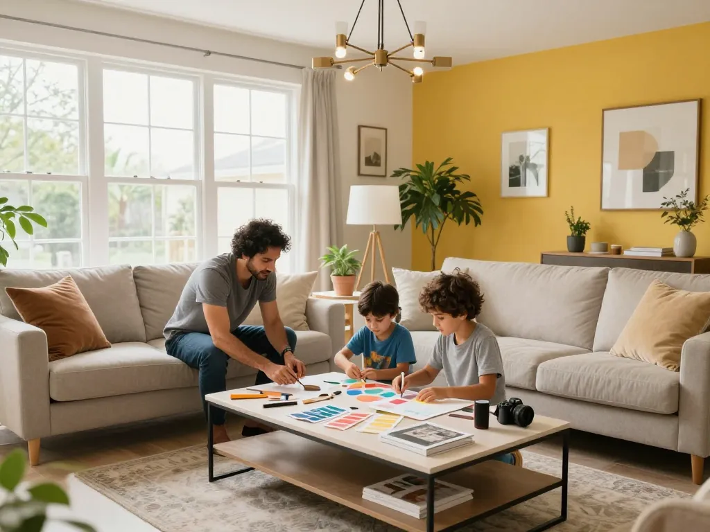 Home renovation family gathering in a stylish living room with DIY project elements.