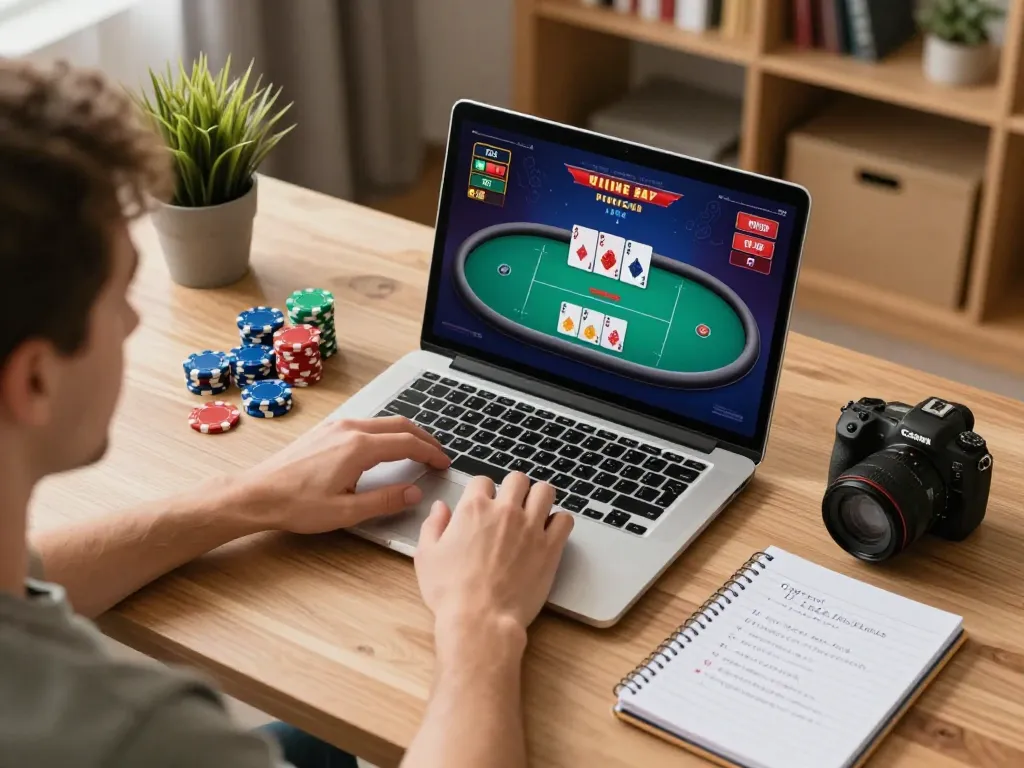Player using 33nn online poker platform in a cozy home setting, showcasing intense gameplay and strategic engagement.