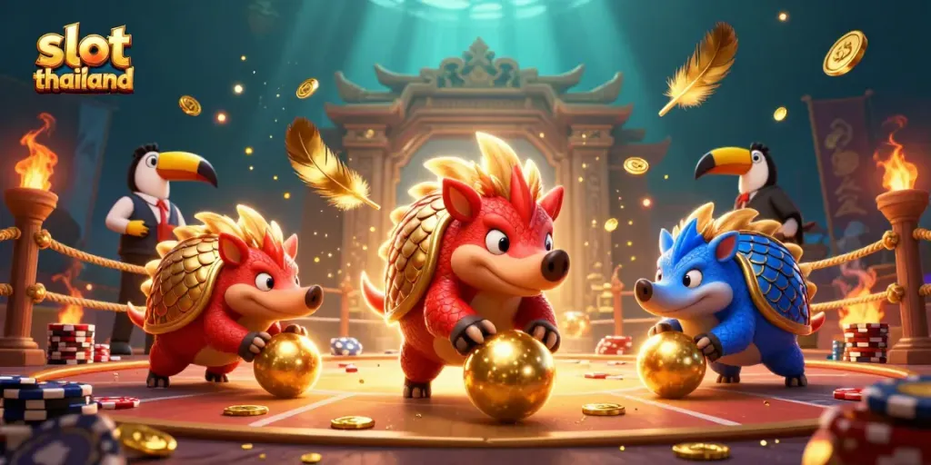 Experience thrilling slot action in Thailand with rival pangolins rolling golden balls.
