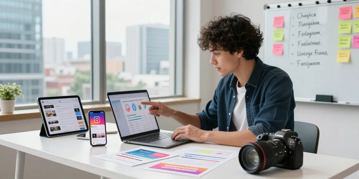 Buying real Instagram followers through engaging analysis at a modern marketing workspace.