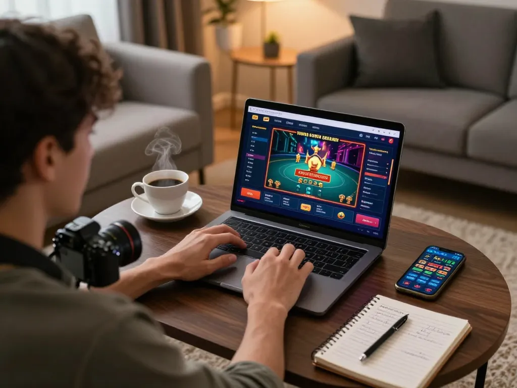 Player enjoying an online casino game on c168-co laptop, showcasing a vibrant interface and strategic notes.