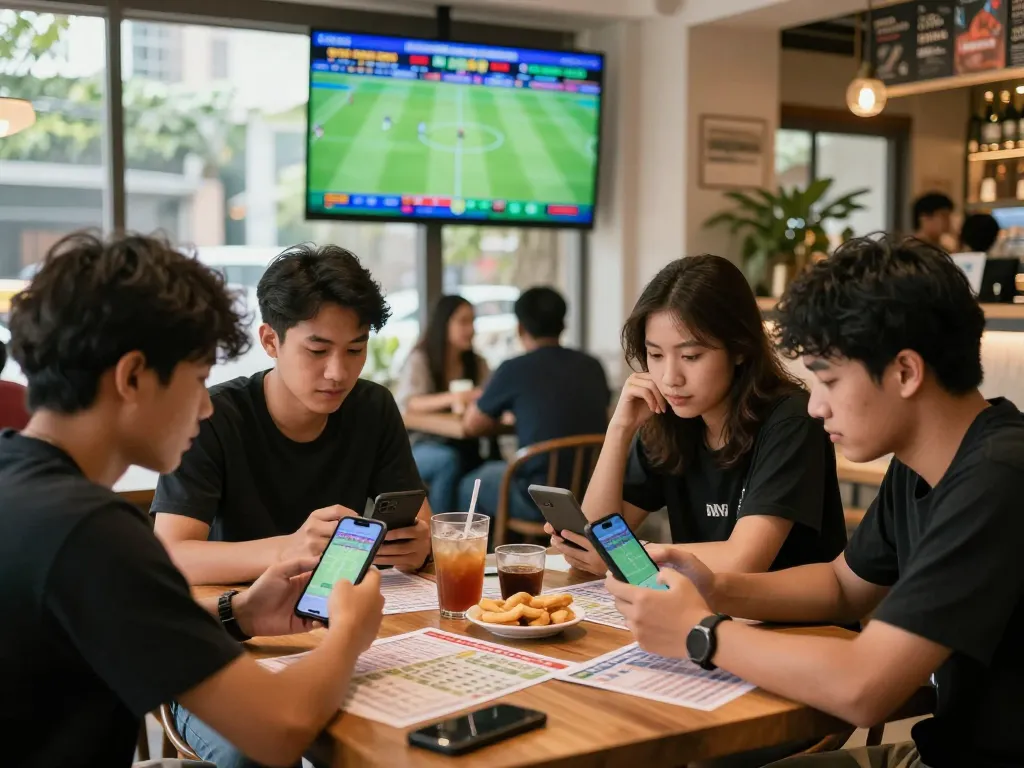 Excited individuals discussing kèo nhà cái in a lively café with live football scores