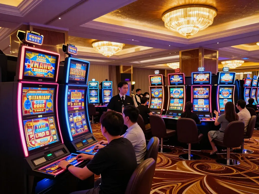 Players engaging enthusiastically at slot machines at NHÀ CÁI XO88, vibrant lights and lively atmosphere.