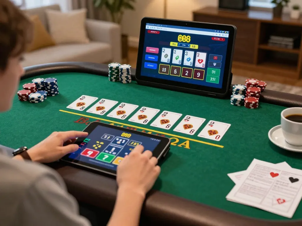 Engaging in online blackjack gameplay on the ee88 platform with a cozy home setting and strategy notes.