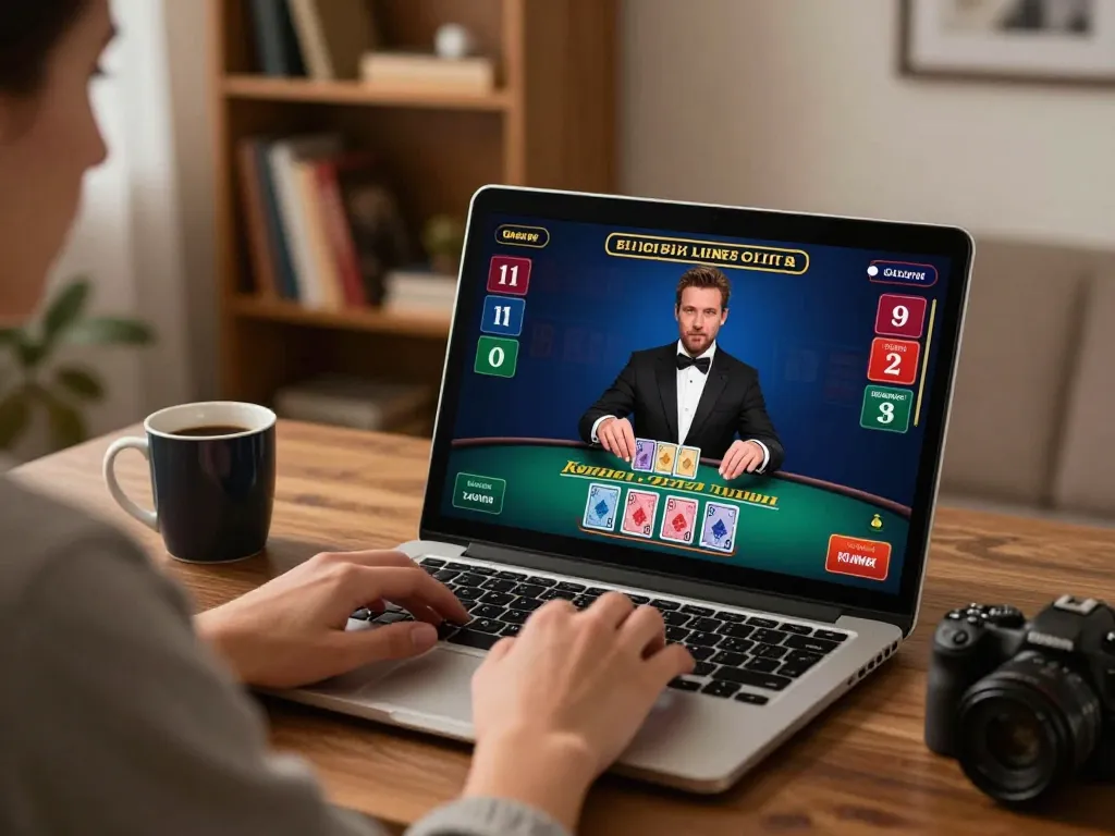 vt88 player engaging with live dealer blackjack on a laptop in a cozy setting