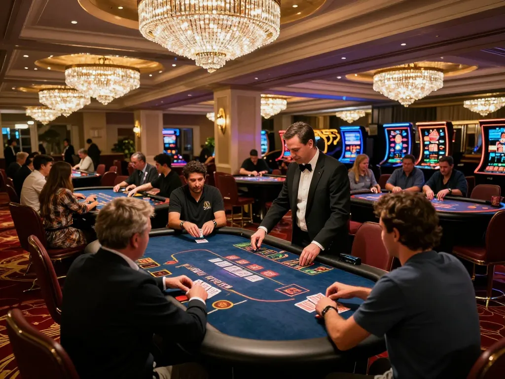 Engaging gameplay at Trang chủ TT88 with players navigating card tables in an upscale casino environment