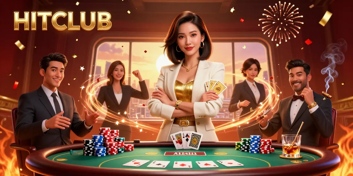 Engage in gaming excitement at HITCLUB, with a glamorous Asian woman showcasing a golden deck of cards.