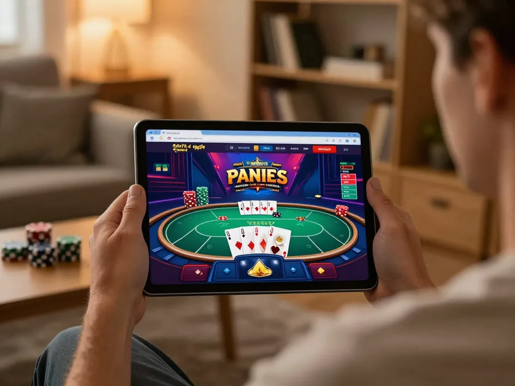 Engaging online poker gameplay on tablet, showcasing dn88 interface in a cozy home setting.