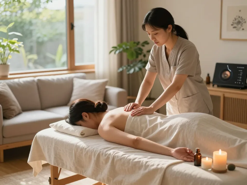 Relaxing 부천 출장마사지 in cozy home setting with candles and essential oils.