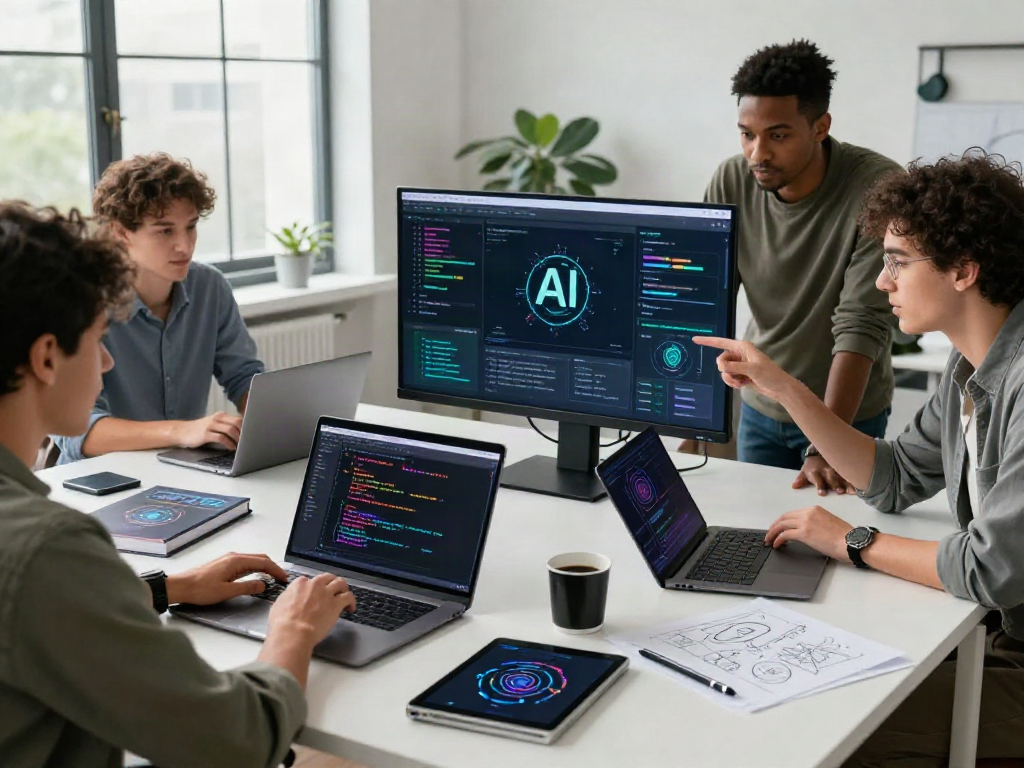 Collaboration on nsfw ai project in a modern tech workspace, showcasing diverse professionals engaged in AI development.
