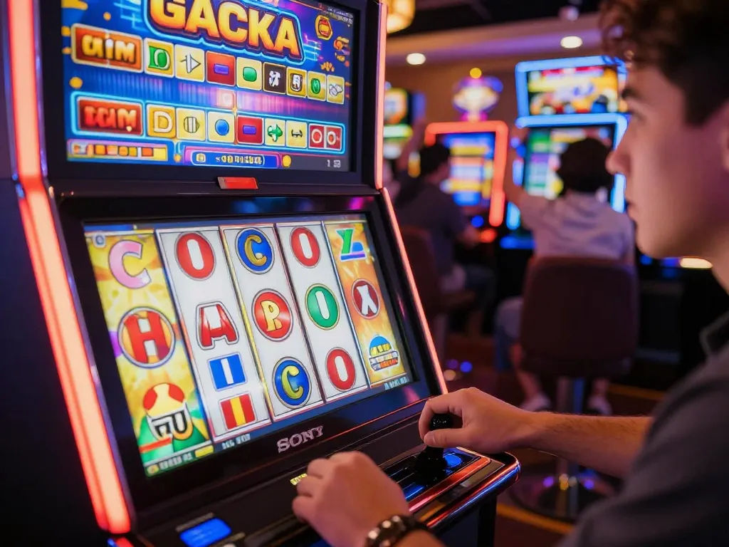 Excited player winning on a slot gacor machine in a vibrant casino setting