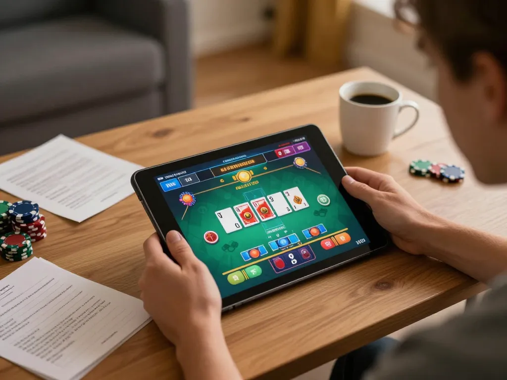 Engaging online poker gaming session on okwin tablet in cozy home setting, showcasing strategic notes and warm atmosphere.