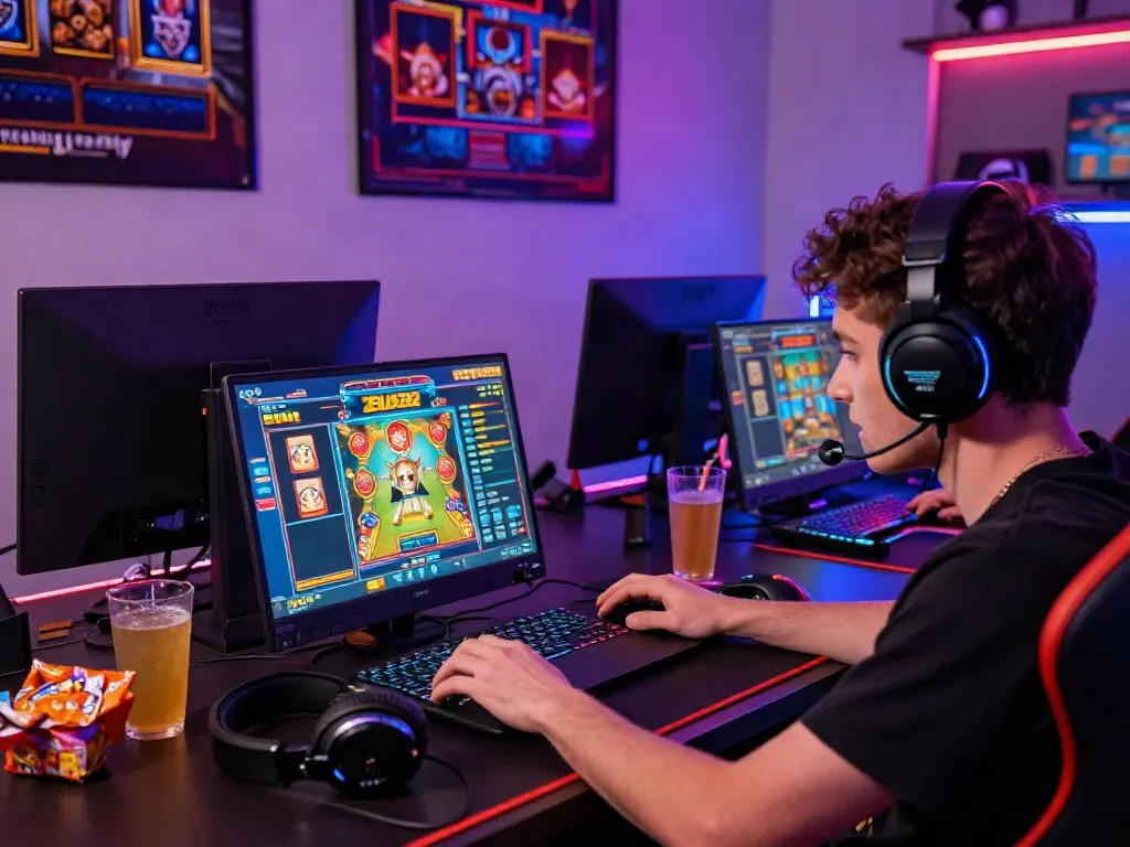 ZEUS222 dalam suasana bermain game slot online dengan fokus tinggi dan dekorasi gaming modern.