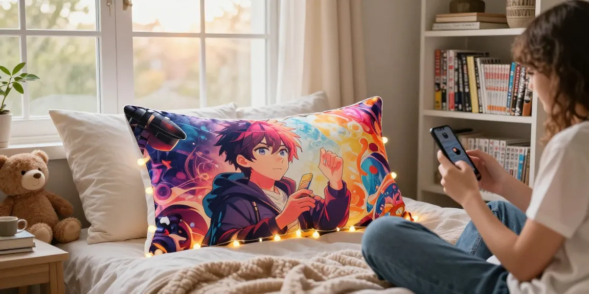 Person relaxing with a custom body pillow featuring vibrant anime art in a cozy bedroom setting.