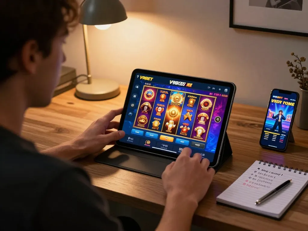 Engaging with the V9BET casino app on a tablet, showcasing dynamic online gaming experience