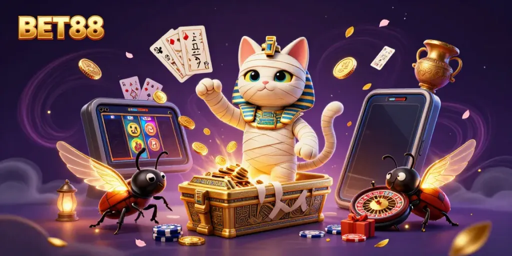 BET88 mang đến trải nghiệm cá cược thú vị với hình ảnh mèo xác ướp phiêu lưu trong sòng bạc