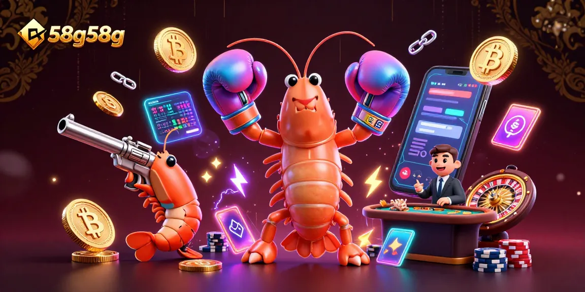 Engage with 58g58g in a vibrant crypto casino scene featuring animated shrimp and gambling elements.
