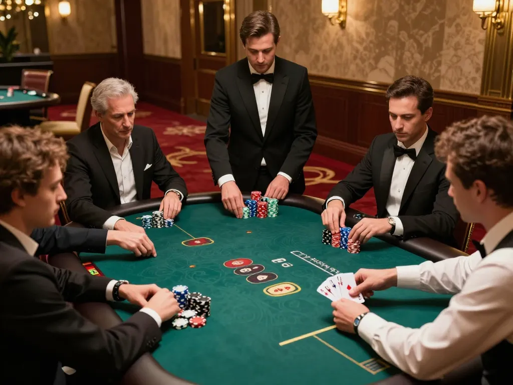 fly88 players celebrating at a poker table with winning hand in an upscale casino setting